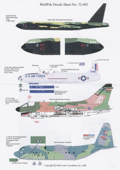 Wolfpak Decals 72003 1/72 B-52D, T-33, A-7D, C-130H2 decal sheet