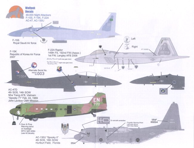 Wolfpak Decals 1/48 F-15S, F-22A, F-15K, AC-47D, AC-130U decal sheet